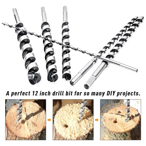 NICAVKIT 6Pcs 12-Inch Long Auger Drill Bit Set for Wood, 1/4\"-7/8\" Inch Hex Shank Ship Auger Drill Bit for Soft and Hard Wood, Plastic, Drywall and Composite Materials