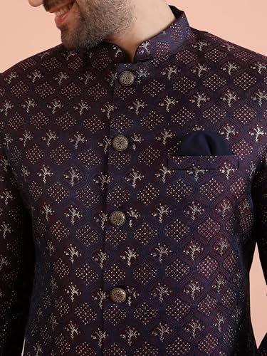 Kisah Men's Purple And Navy Blue Sherwani Trousers Set, Cotton Full Sleaves, Knee Length, Straight, Regular Fit, Mandarin Collar Ethnic Wear