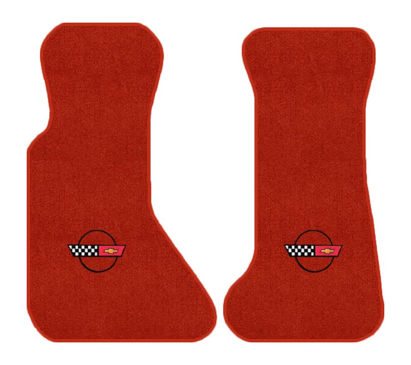 Avery's Floor Mats Custom Fit 2 Piece Carpet Front Mats for 1984-1996 Corvette with Black C4 Flag Logo - Red