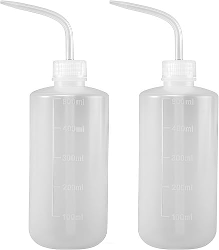 2 botellas de plástico blanco translúcido de 16.9 fl oz de 17.6 onzas líquidas con recipiente de medición graduado, boquilla de punta curvada,
