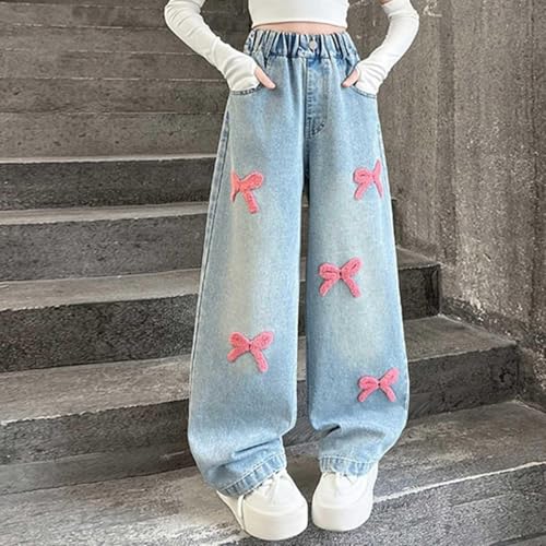 Girls Bow Jeans Trendy High Waist Wide Leg Baggy Denim Pants Casual Y2k Preppy Streetwear Cute Straight Trousers with Pocket4
