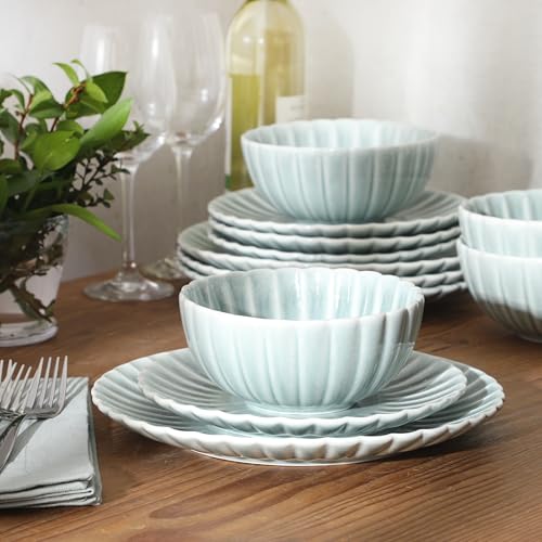 Image of Gibson Elite Peach Orchard 12-Piece New Bone China Dinnerware Set Service for 4, Embossed Fluted Plates and Bowls, Dishwasher and Microwave Safe, Aqua Blue