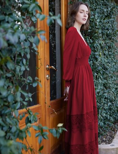 Image of Olaesa Long Sleeve Boho Maxi Dress for Women Lace Wedding Guest Dress | Spring Fall Bohemian Dress, Long Flowy Family Photo Dress with Pockets, V Neck Long Western Vacation Outfits