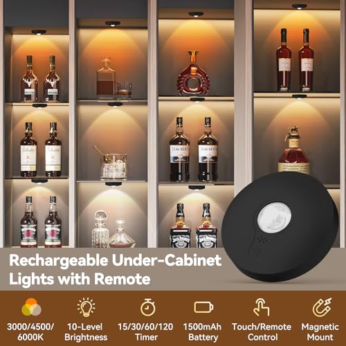 Image of Yiliaw Rechargeable Puck Lights with Remote, Magnetic Under Cabinet Lighting, 1500mAh Battery Operated LED Lights for Kitchen, Closet, Shelf - 3 Color Temps, Black, 6 Pack