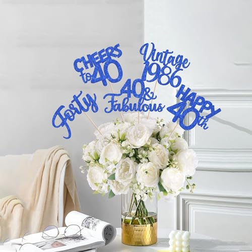 Image of 15 PCS 40th Birthday Centerpiece Sticks Forty Happy 40 Vintage 1986 Table Flower Centerpieces Sticks Cheers to 40 Fabulous Floral Decorations for 40th Birthday Party Supplies Blue
