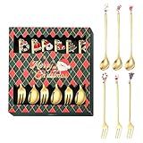 Juego de 6 cucharas de café de acero inoxidable con motivos navideños, cucharaditas para café, postres, vajilla de Navidad para decoración festiva (oro G)