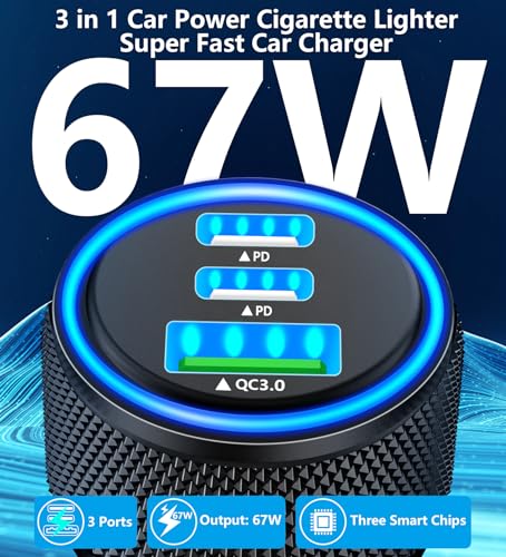 USB C Car Charger, Rombica 3-Port 67W Dual PD USB-C&USB-A Car Power Cigarette Lighter PD/QC3.0 Type C Car Charger Fast Charging Adapter for iPhone 15 14 13 12 11 Pro Max/iPad Pro/Galaxy S24 S23/Pixel