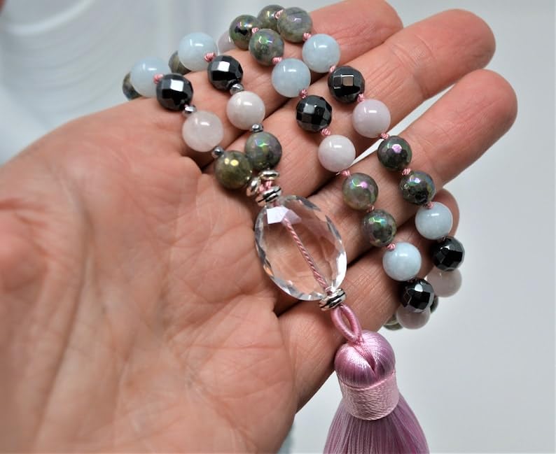 Naturalny labradoryt, akwamaryn, kunzyt, hematyt 8 mm-5 x 2 mm, 108 koralików mala, duchowe, koraliki do medytacji, Reiki, Japa Mala, buddyjskie koraliki modlitewne, bransoletka do jogi, koraliki