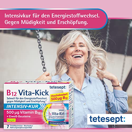 tetesept B12 Vita-Kick Trinkampullen Intensiv-Kur – Nahrungsergänzungsmittel für den Energiestoffwechsel, gegen Erschöpfung - hochdosierte Vitamin B12 Ampullen – Wochenpackung à 7 Trinkfläschchen