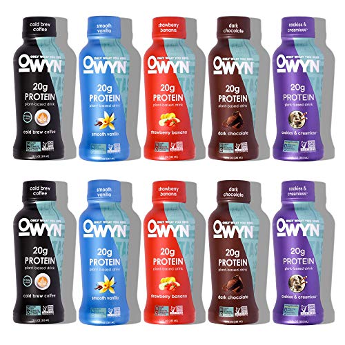 OWYN 100% Vegan Plant-Based Protein Shake, 10-Pack Variety, Chocolate, Cold Brew, Cookie & Creamless, Strawberry Banana, Vanilla, 20g Plant Protein with Omega-3, Prebiotic supplements, Superfoods Greens Blend, Gluten-Free, Soy-Free, Non-GMO