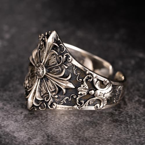 Retro 925 Sterling Silver Fleur de lis Cross Ring Baroque Floral Ring for Men Women Open Adjustable Size S/M/L4