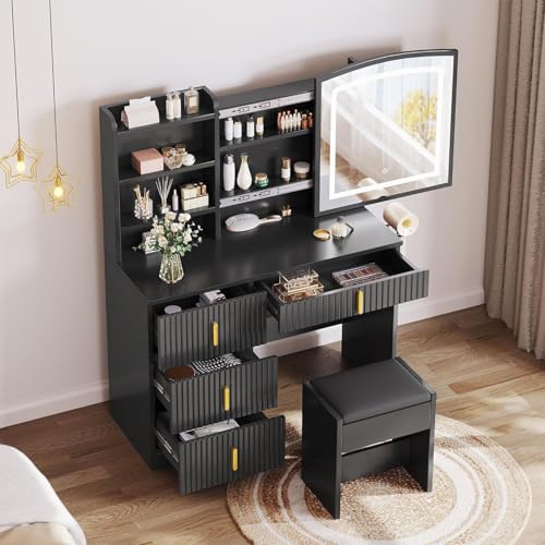DWVO Makeup Vanity Desk with LED Lighted Mirror & Power Outlet, Fluted Large Vanity Set with 4 Drawers, 3 Color Brightness Adjustable, Lots Storage Dressing Table with Chair for Bedroom, Black