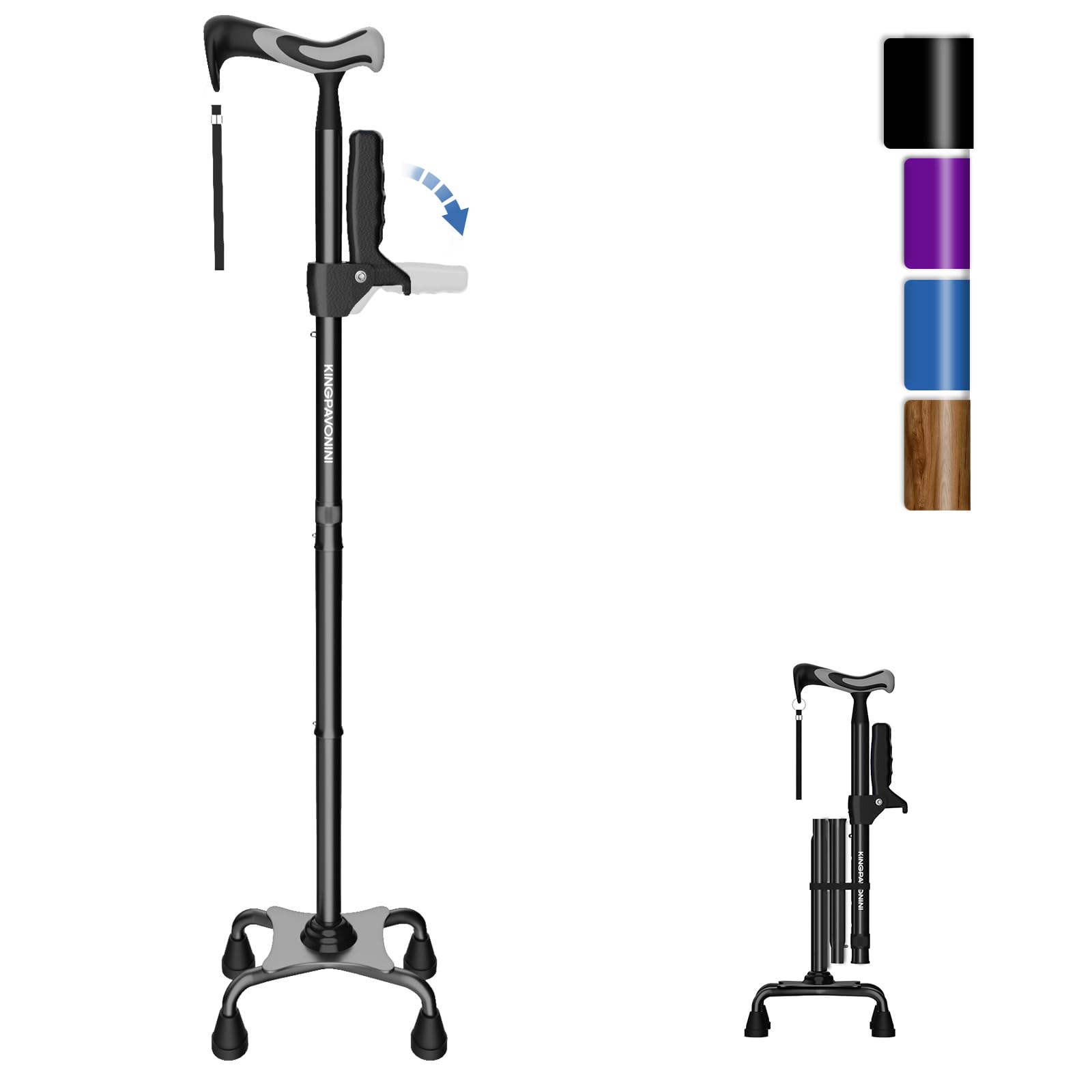 KingPavonini Gehstock für Damen und Herren mit zweitem Griff, faltbar und Verstellbarer Quad-Stock mit 4-Zacken-Basis zum Stehen, Gehstock klappbar für Senioren und Erwachsene