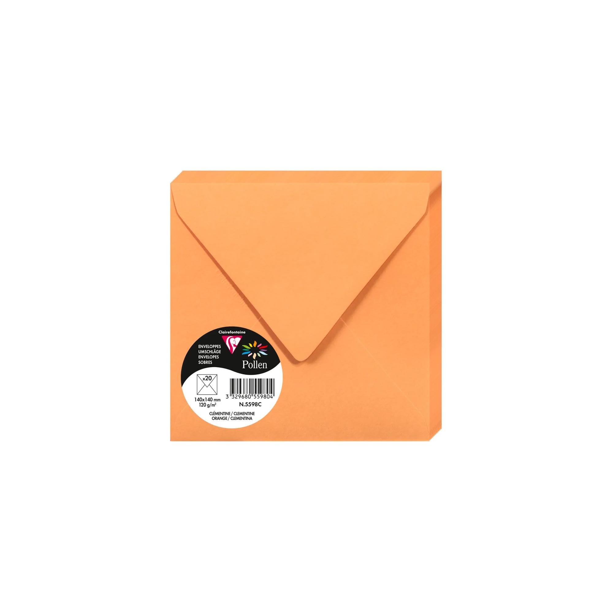 Clairefontaine 5598C Pack of 20 Gummed Envelopes Square Format 14x14cm 120g/m² Colour Orange Invitation Events and Correspondence Range Pollen Premium Paper