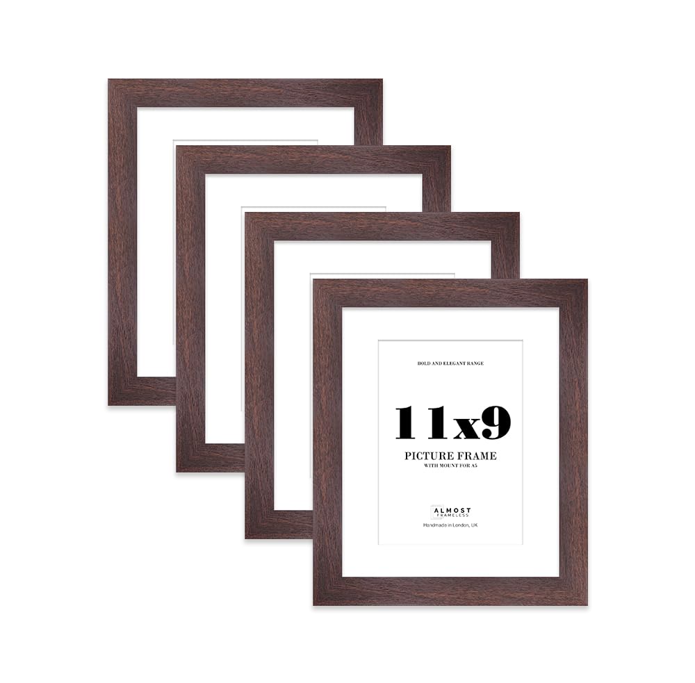 11x9" Walnut Frame With Mount for A5 Pictures 28mm Edge Portrait and Landscape Display with Wall Hooks and Kickstand, 4 Pack