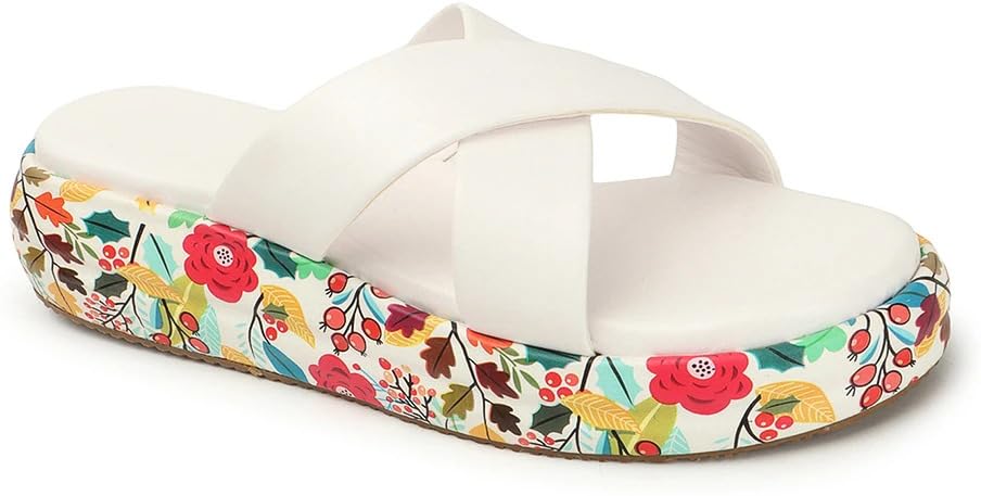 Women's Floral Platform Sandals, Brown Faux Leather Slides with Printed Sole, Comfort Slip-on Footwear-image-49