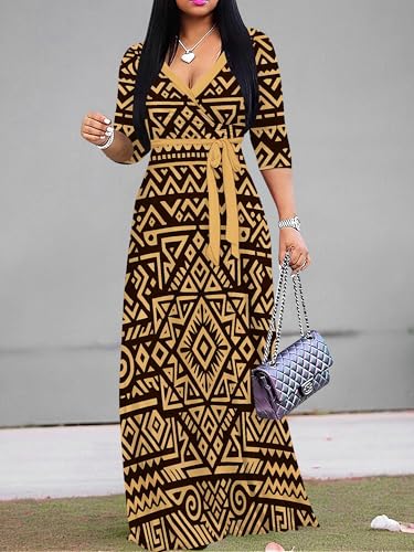 Image of PinkPatty Plus Size Maxi Dresses for Women Casual Flowy Long Dress 3 /4 Sleeve V Neck Wrap Dress with Belt