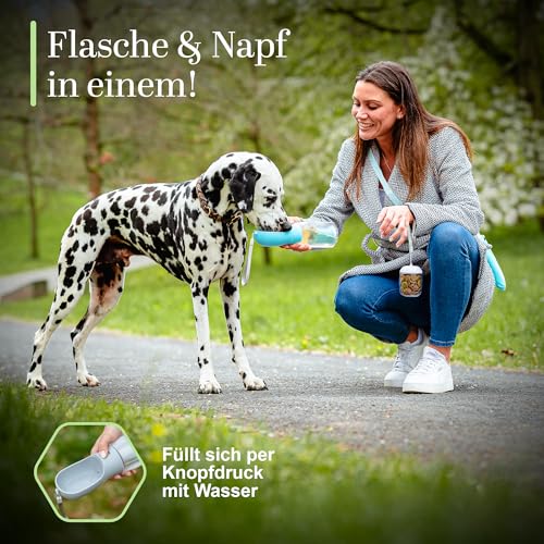 Hundetrinkflasche 300ml – 3-in-1 Trinkflasche mit Napf & Rücklauffunktion – 100% auslaufsicher, BPA-frei – für kleine Hunde, Wandern, Reisen & Autofahrten