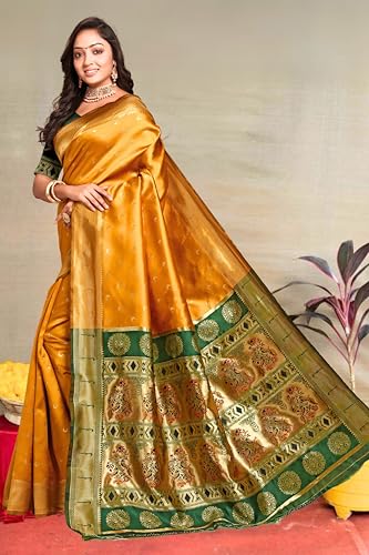 Image of C J Enterprise Women's Pure Kanjivaram Silk Saree Paithani Soft Wedding Sarees With Blouse Piece (Chand paithani)