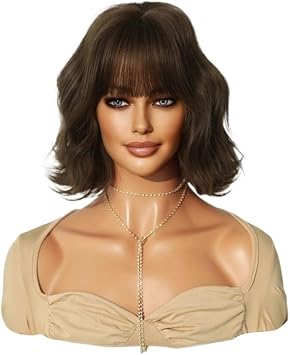 Womens Short Curly Hair Wavy Wig Neat Bangs Mechanism Chemical Fiber Wig SetCold Brown