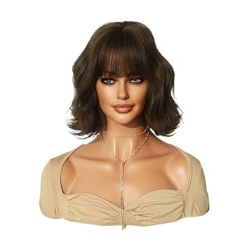 Wigs WomenS Short Curly Hair Wavy Wig Neat Bangs Mechanism Chemical Fiber Wig Set Straight/Curly WigsDark curry