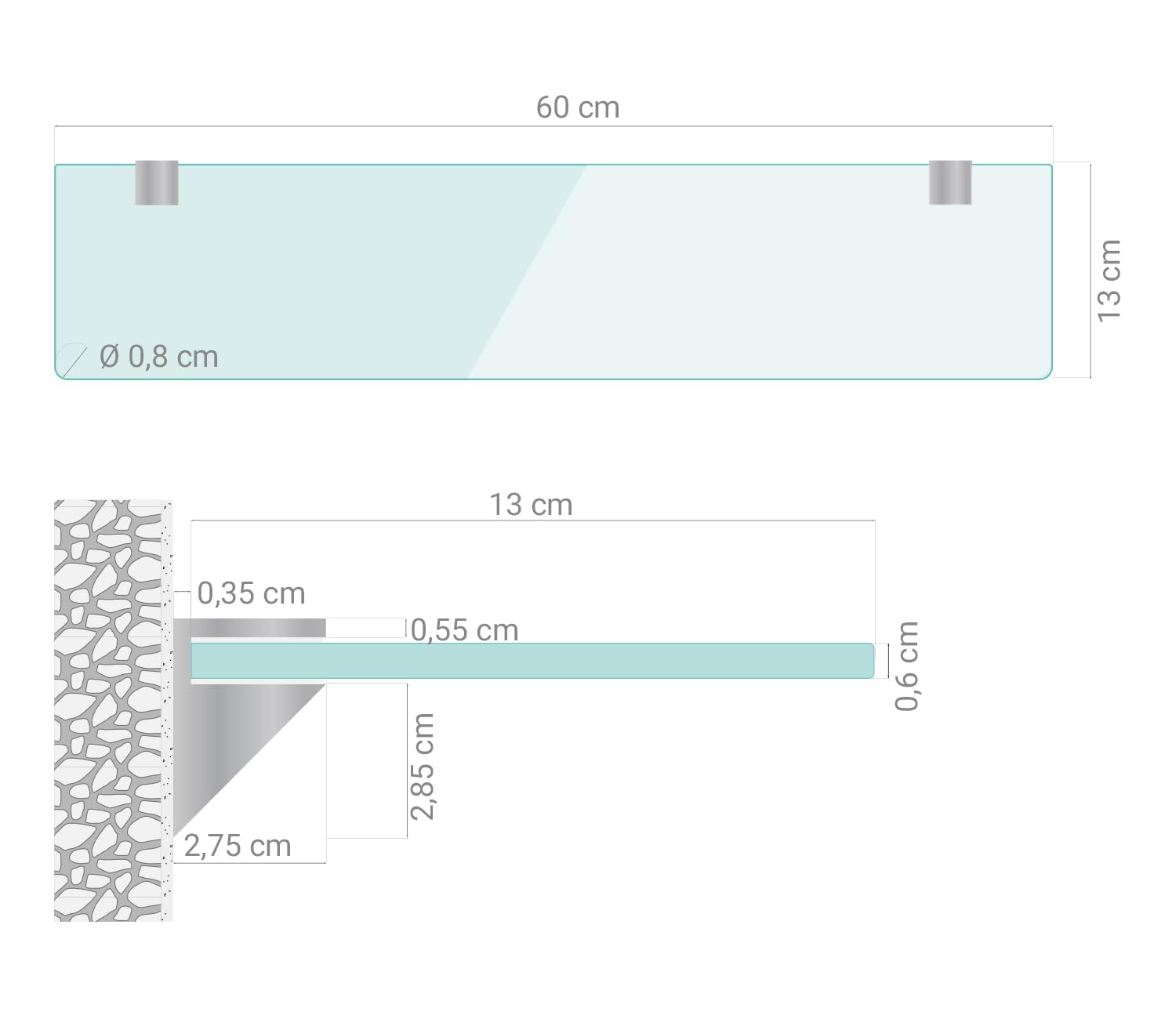 Tulup Estante Flotante de Cristal 60x13 cm Espesor de 6 mm Vidrio Templado Rectangular Montado en la Pared para la Cocina y Dormitorio Accesorios Baño con Soportes Cromados Transparente