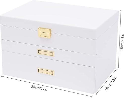Miniatura 9 de LOYALHEARTDY Joyero de madera grande de 3 capas, organizador grande de joyería para mujeres, 2 cajones de almacenamiento para anillos, collares,