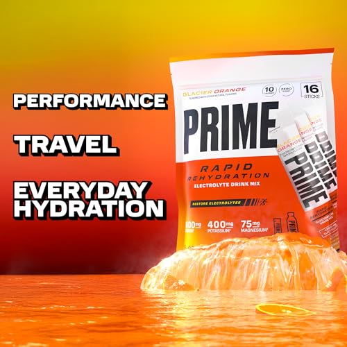 Image of PRIME Rapid Rehydration Electrolyte Powder Sticks, Glacier Orange, Sugar Free Hydration Drink Mix with Sodium, Potassium, Magnesium & B Vitamins to Replenish Fluids, Caffeine Free, 16 Count