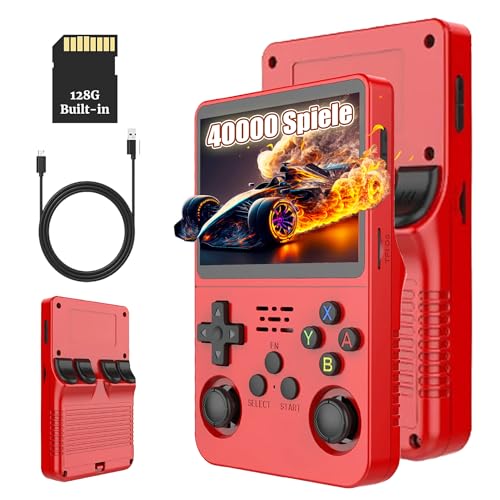 KINMRIS R36S Retro Handheld Spielkonsole, Retro Konsole 3,5-Zoll-IPS-Bildschirm, 128 G über 40.000 Spiele, tragbare Spielkonsole für Kinder und Erwachsene, unterstützt mehrere Emulatoren (Dunkelrot)