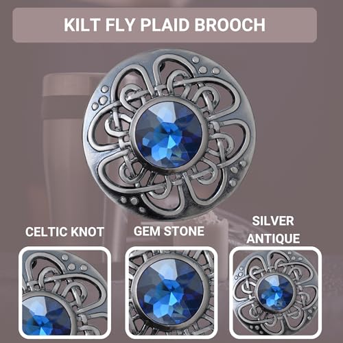 Image of Elegant Culloden Plaid Brooch - Scottish Kilt Fly Plaid Brooch Intricate Celtic Knot in Pewter with Gemstone 3-Inch Diameter - Ideal for Scottish Kilts & Formal Wear