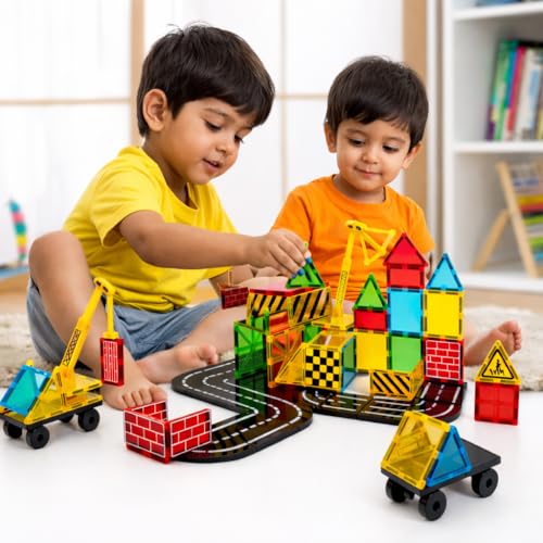 Image of 35 PCS Magnetic Tiles Construction Building Blocks Set with Crane | Colorful Magnetic Blocks | STEM Educational Learning Toy for Kids Boys & Girls Age 3+