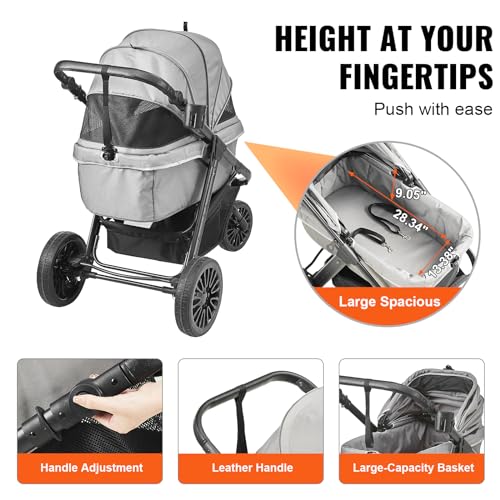 Image of VEVOR Large Pet Stroller for Dogs Cats up to 75lbs, 3 Wheels Folding Cat Dog Stroller, Portable Pet Jogging Stroller with Storage Basket, Adjutable Handle Height and Zipperless Canopy