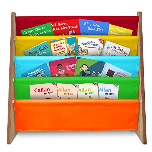 Fineway. 4 Tier Kids Book Storage Rack Wooden Sling Bookshelf Childrens Bookcase Shelves – With Soft Nylon Fabric – Ideal Story Books Organiser For Your Little ones. - Multi Coloured