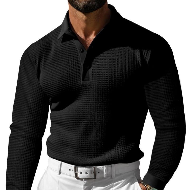 Mens Waffle Polo Shirt - Spring Autumn Long Sleeve 1 4 Button Casual Shirt for Vacation Everyday Wear
