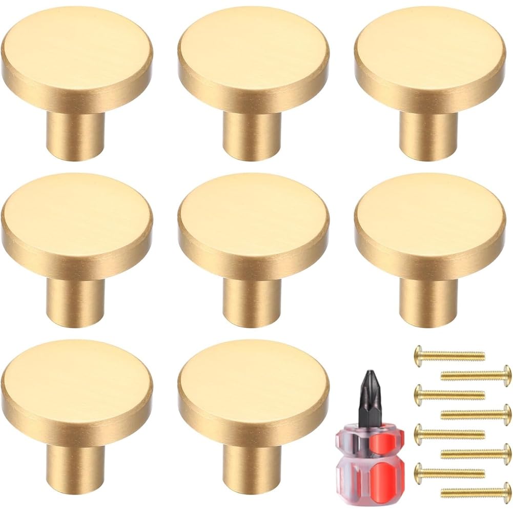 Aundhegrtt As Shown 8Pcs 20X25mm Gold Cabinet Solid Knobs, Brushed Brass Round Kitchen Cabinet Hardware Pulls For Dresser Drawer Cupboard