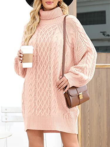 Anrabes Women Casual Baggy Sweater Dress Turtle Neck Oversized Long Sleeve Slouchy Cable Knit Chunky Tunic Sweaters Loose Short Dress 2023 Fall Winter Dresses 475Nenfen-L Pink #TOP1