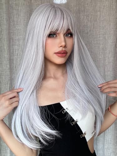 Long Straight White Wig with Bangs