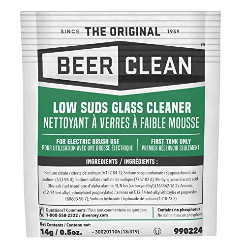 Image of BEER CLEAN Diversey 990224 Low Suds Glass Cleaner for Electric Brushing, Portion Control Bar Glass Washing Powder, Unscented, Packet, 0.5-Ounce (Pack of 100)