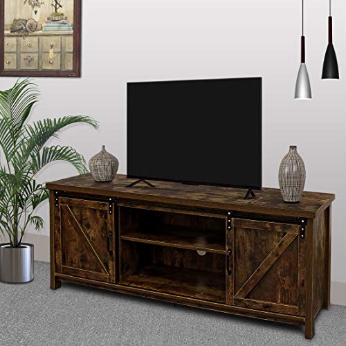 Bizzoelife 60 Inch Barn Door TV Stand Entertainment Center - New Farmhouse Style Sliding TV Cabinet, Living Room Wood Storage Media Console Table with 2 Center Compartments and 2 Cabinets (Rustic)