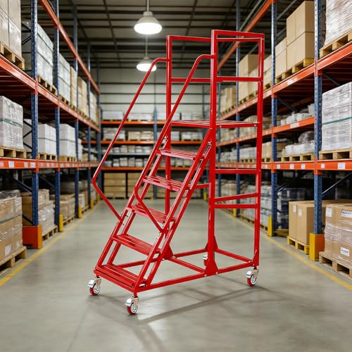 Image of Rolling Ladder with Wheels, Mobile Rolling Stairs with Handrail for Industrial Warehouse, Rolling Steps Ladder with Fence, for High Shelf Aisles, Warehouses, Supermarkets, Libraries (Red, 6 Steps)