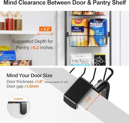 Image of Delamu Narrow Over the Door Pantry Organizer, 6-Tier Metal Pantry Door Organization and Storage for Easy Install, Hanging Spice Rack Seasoning Shelves for Cabinet & Kitchen, D5 x W13 x H50 inch, Black