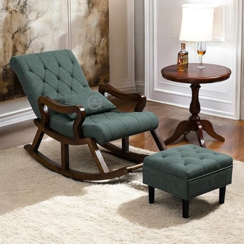 Image of Solid Sheesham Wood Rocking Chair for Living Room with Footrest and Pillow | Ergonomic Resting Chair with Ottoman for Relaxing and Pregnant Women (Green)