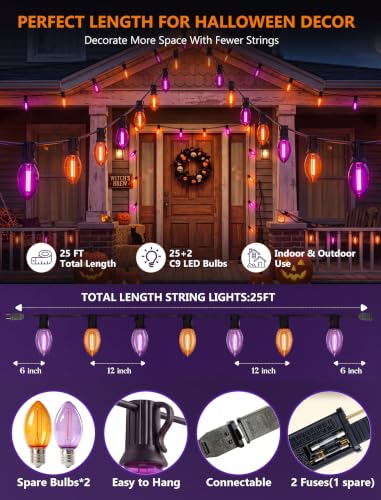 Image of 25FT LED C9 Orange and Purple Halloween String Lights Outdoor, 26 C9 Bulbs
