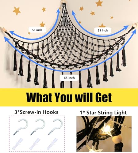 Image of Stuffed Animal Toy Storage Hammock with LED Light - Macrame Jumbo Doll Corner Stuff Animals Organizer Decorations - Cute Hanging Plushie Net Kids Baby Nursery Bedroom Room Decor
