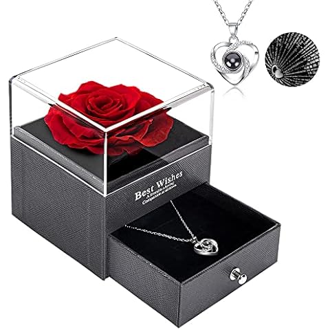 POYET Preserved Rose with I Love You Necklace Gifts for Her Eternal Real Rose Gifts Box for Girlfriend Wife Mom Grandma on Mothers Day Valentines Anniversary Christmas Birthday Gifts (Wine Red) Cover