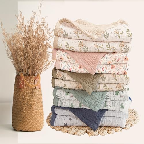 Image of lulumoon Muslin Baby Blanket for Unisex - Soft Cotton Receiving Blanket for Infant - 4 Layer Reversible Breathable Crib Bedding for Stroller and Nursery Decor 47 inchx47 inch (Green Forest Stump)
