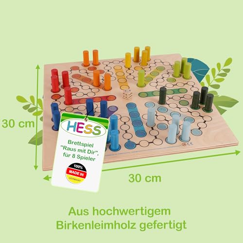 Hess Holzspielzeug 14849 - Brettspiel Raus mit Dir aus Holz, inkl. Würfel und Spiel-Steinen, handgefertigt, für bis zu 8 Personen, Spielspaß für Klein und Groß – Bild 4