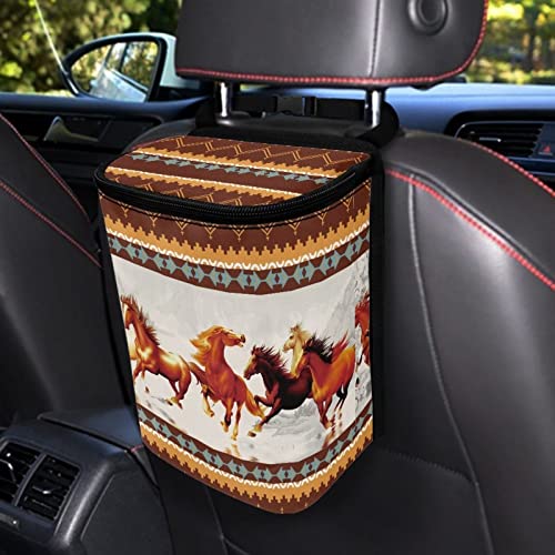 Image of Talayituse Aztec Horse Print Car Trash Can with Adjustable Straps, Southwest American Tribal Car Trash Bag Bin Car Garbage Bag Multipurpose Storage Box for Vehicle Travel Camping Picnicing