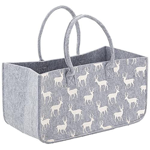 Sac à bûches en feutrine grise cerf AubryGaspard avec poignées ergonomiques solides