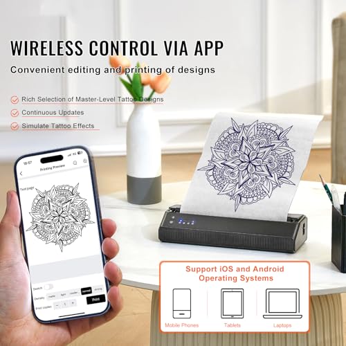 Happybuy Wireless Bluetooth Tattoo Stencil Printer, Transfer Machine with 10Pcs Paper, Compatible with iOS & Android Phones, iPad & PC, Includes Storage Bag